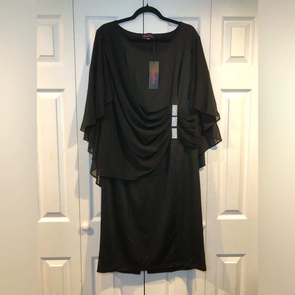 Hanna Nikole Women's Chiffon Ruffle Flattering Cape Sleeve Bodycon Pencil Dress - Picture 2 of 10